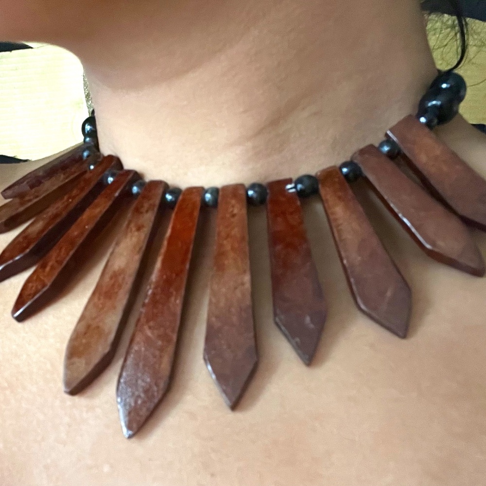 Wood and Black Beaded Necklace